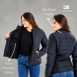 Jaqueta Puffer Preta Feminina Forrada Com Bolsos Laterais Sem Capuz em Oferta na Shopee