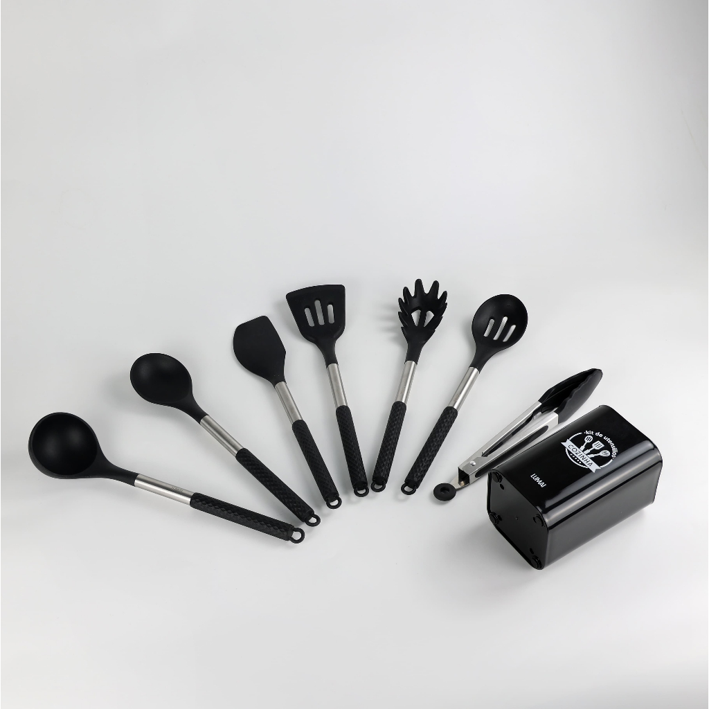 Lumai Kit Utensílios de Cozinha Silicone Cabo Inox 8 Peças Espátula Colher Concha Balde Berlim · foto 2