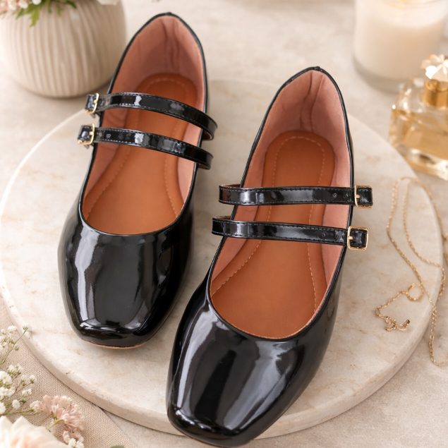 Sapatilha Feminina Verniz Preto Bico Quadrado com Fivela Dupla Delicada