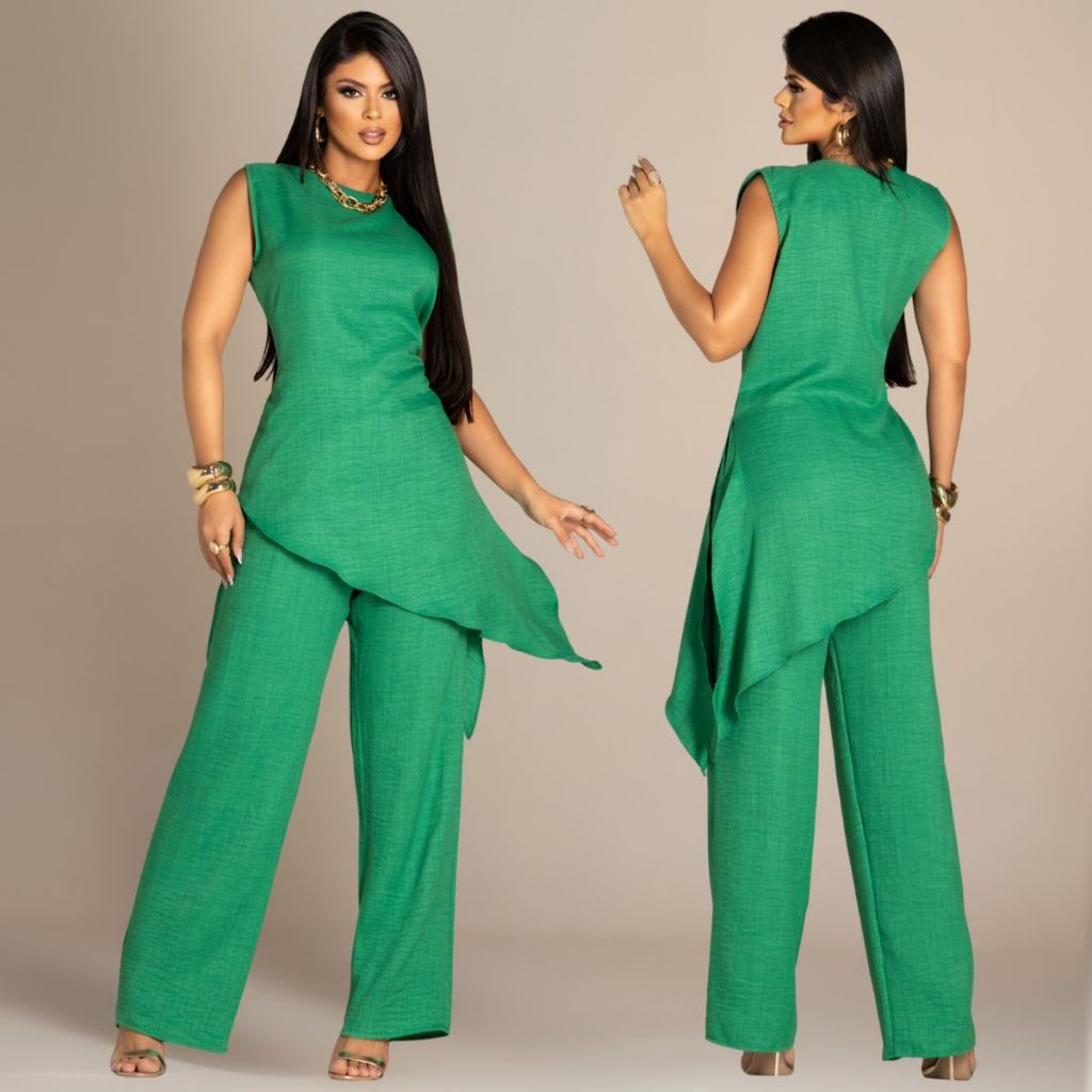 Conjunto Pantalona Feminino Calça Blusa Blusinha Assimétrica Alfaiataria Crepe Dunas Perna Larga Elegante em Oferta na Shopee