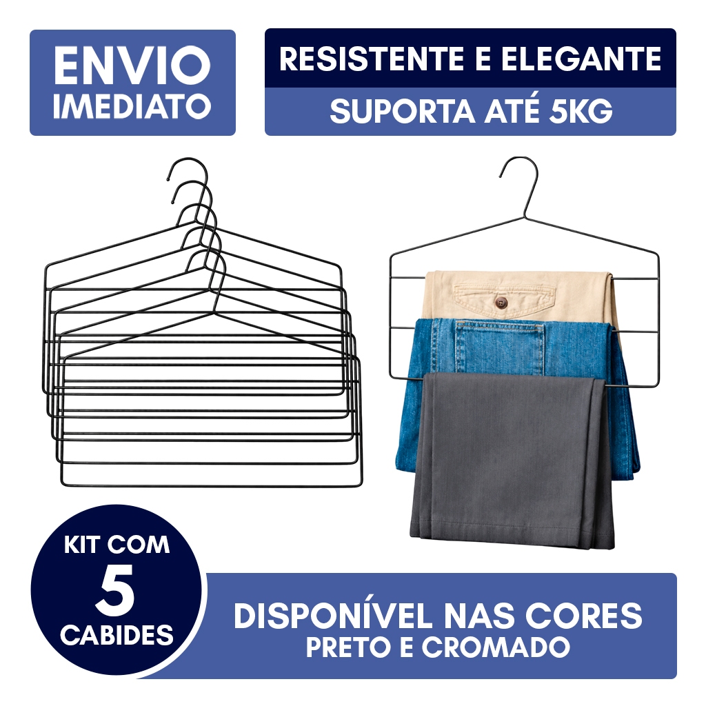 Kit 5 Cabide Triplo Calça Aberto Calceiro Resistente Elegante Aço Carbono Preto em Oferta na Shopee