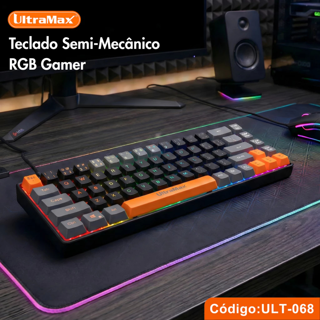 Teclado Gamer Semi-Mecânico RGB UltraMax ULT-068 Padrão ABNT2 USB Anti-ghosting 65%