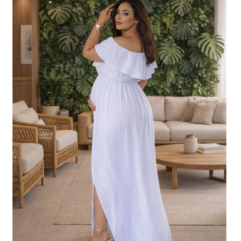 Vestido Branco Chá Revelação Feminino Plus Size Moda Gestante Grávida Casamento Civil Festas Formatura Elegante Casual em Oferta na Shopee