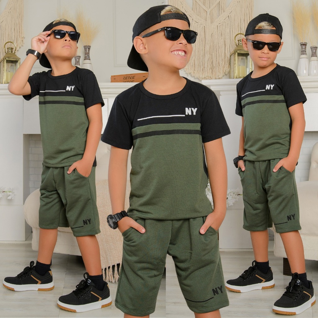 Roupa Infantil De Menino Kit duas Peças Lançamento Camisa e Bermuda Veste Do 2 Ao 14 Anos em Oferta na Shopee