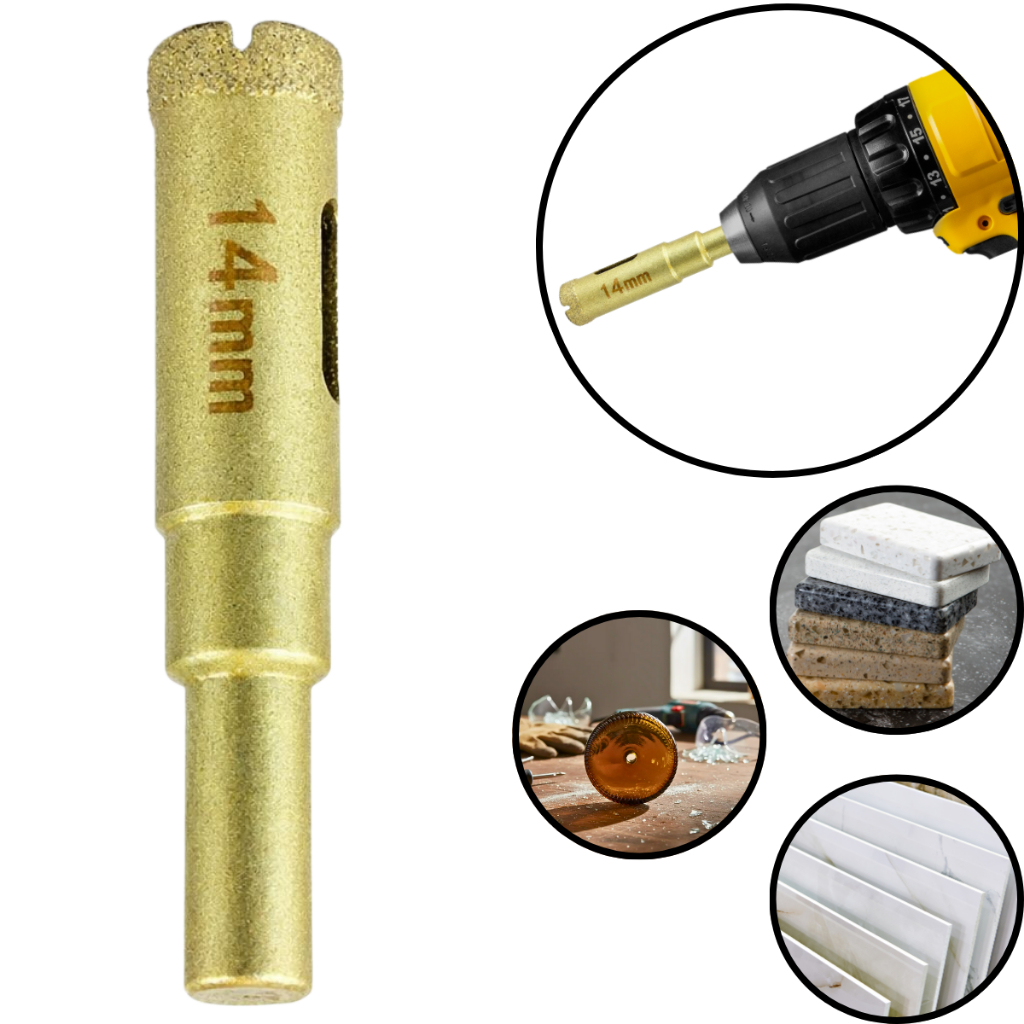 Broca Serra Copo Diamantada Eletrolítica 14mm Furadeira Furar Vidro Cerâmica Porcelanato Mármore