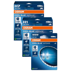 KIT Lâmpada Osram Cool Blue Intense 12v: Um Par de H7 5000k 55w + Um par de H1 5000k 55w + Um par de Pingo T10 W5W 4000k