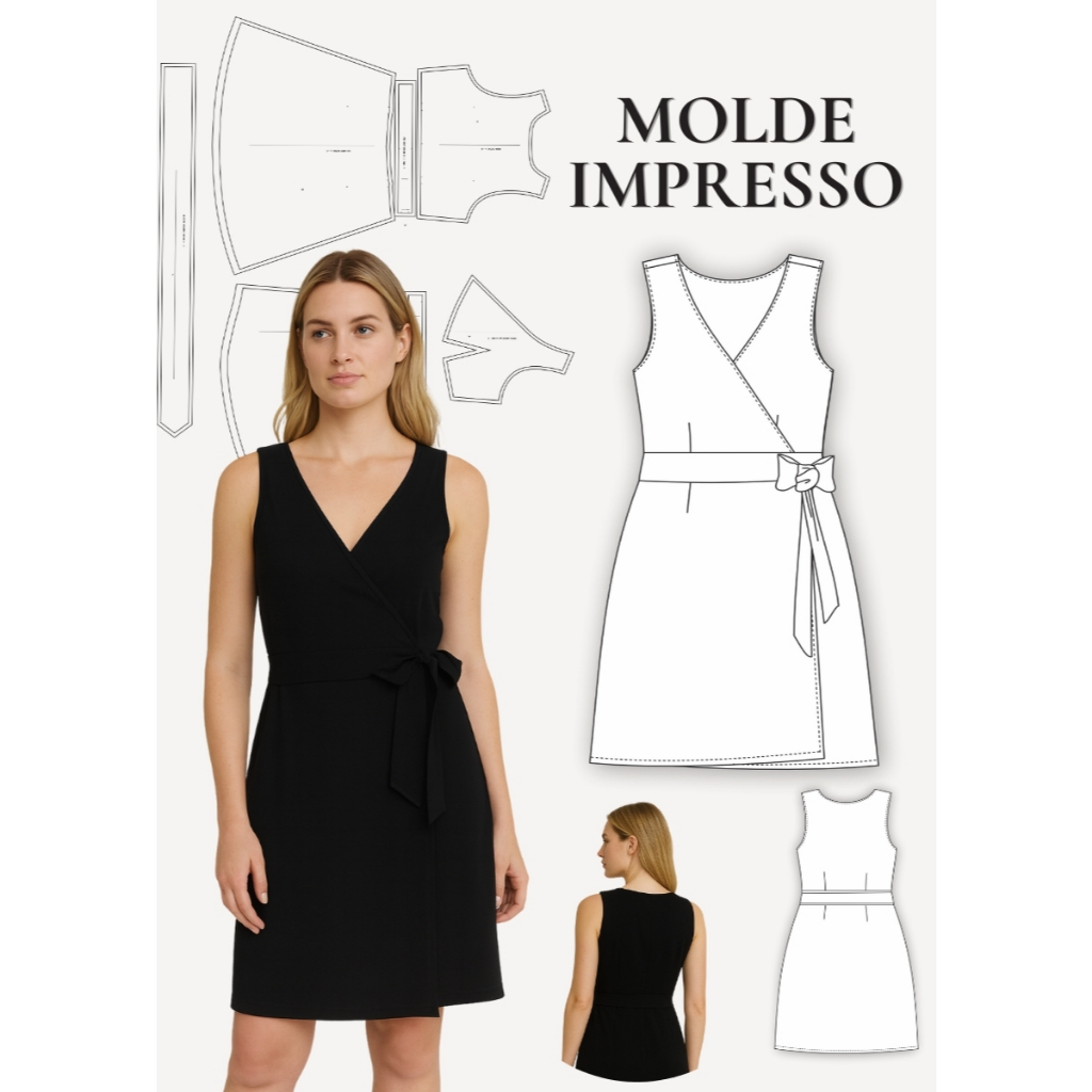 MOLDE EM PAPEL PARA COSTURA IMPRESSO VESTIDO ENVELOPE REGATA CLASSICO PLUS SIZE - MOLDELAGEM EM PAPEL KRAFT