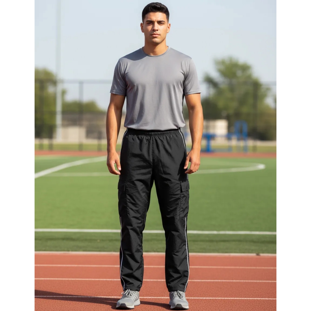 Calça masculina em microfibra com listra e bolso cargo