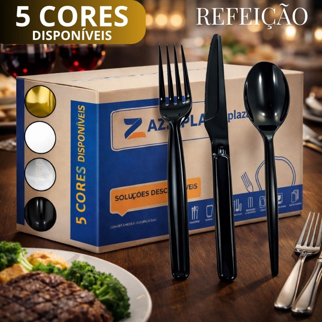 Kit 150 Talheres Master Plástico Descartavel Faca Garfo Colher Churrasco Reforçado Refeição Preto Branco