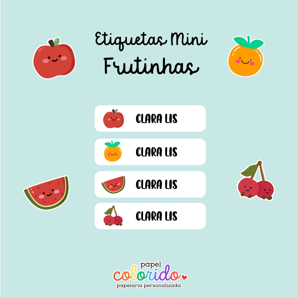 50 -100 Etiquetas Adesivas Escolares Personalizadas em VINIL à prova d'água Frutinhas