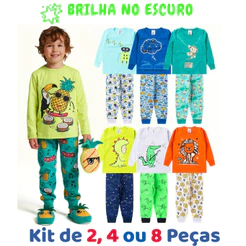 Kit de 2, 4 ou 8 Peças Pijama Brilha no Escuro Infantil Menino Inverno Roupa Infantil Menino