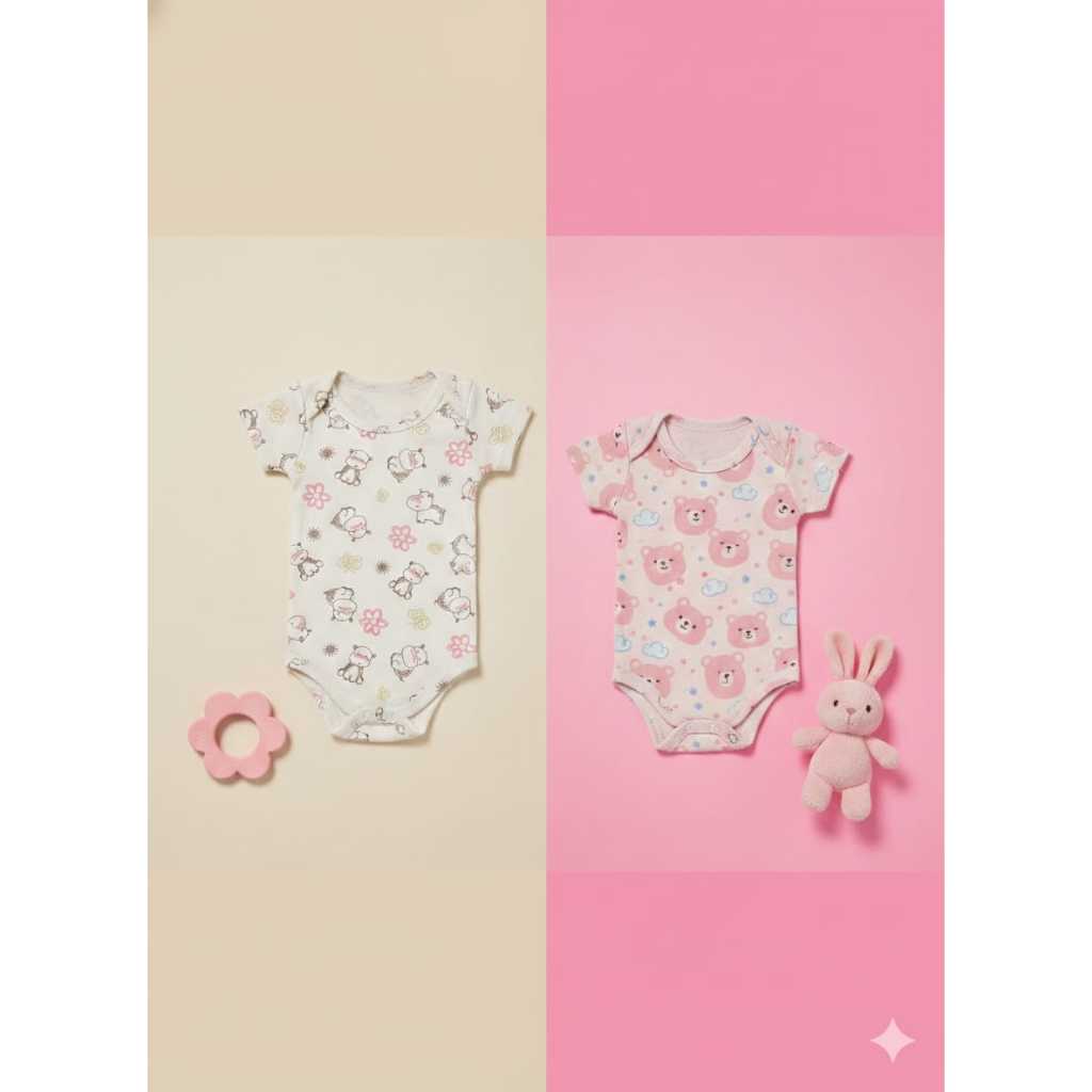 Body estampado Manga Curta  Em Tecido Suedine, ,Menino/ Menina/Bebê- Durável/Confortável/ Cores Sortidas/Kit 2Peças