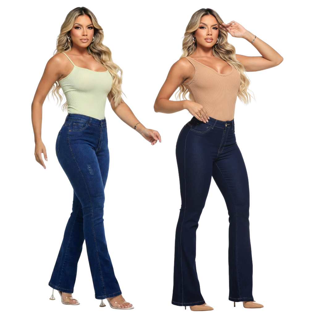 Kit 2 Calças Flare Feminina Jeans  Com Elastano Cintura Alta Premium em Oferta na Shopee