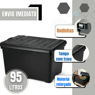 Caixa Organizadora Grande 95L com Tampa, Travas e Rodinhas – Preta em Oferta na Shopee