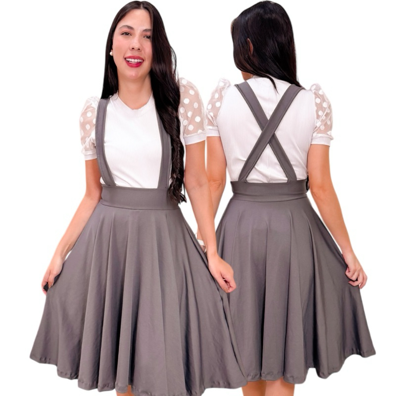 Salopete Adulta 360° SOB ENCOMENDA!! Godê Duplo Saia com Suspensório Jardineira Vestido Feminino Midi Moda Evangélica