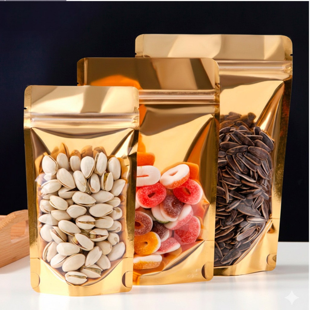 Saco Stand Up Pouch Zip Metalizado Dourado Kit 10/50 Unidades Laminado Com Lacre