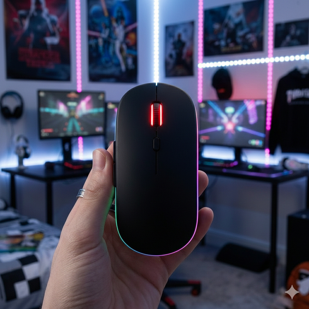 Mouse Sem Fio Wireless Recarregavel Led Rgb 2,4GHz Bluetooth Bateria Interna Ergonômico Silencioso