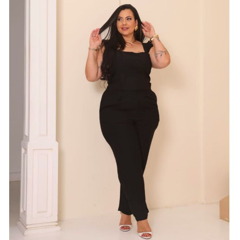 Conjunto Feminino Plus Size Marrant Cropped Alça Babado Elastex Atrás + Calça Reta Casual Elegante