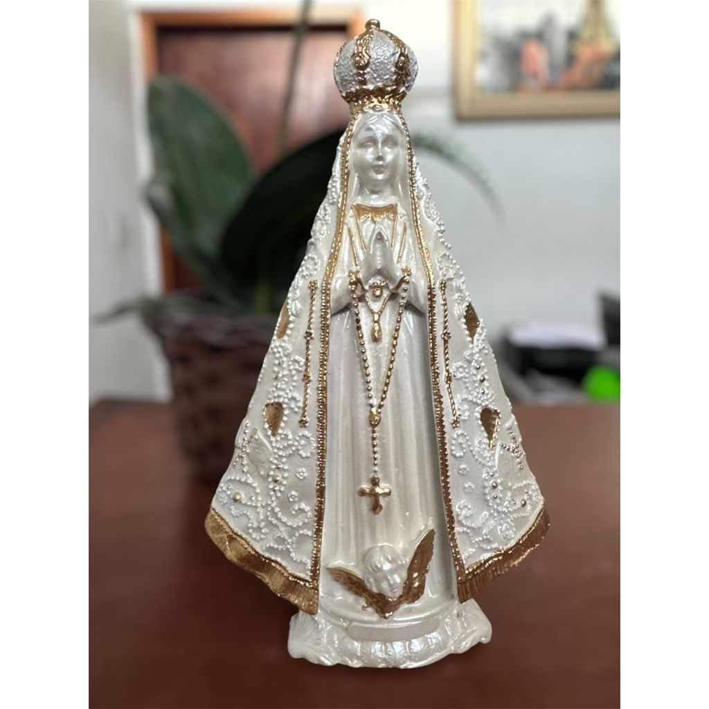 Imagem nossa senhora aparecida 22 cm gesso manto bordado decorada dourado terço linda