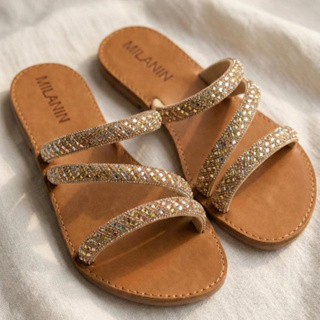 Sandália Rasteirinha Feminina Elegante e Confortável com Strass Brilhante em Oferta na Shopee