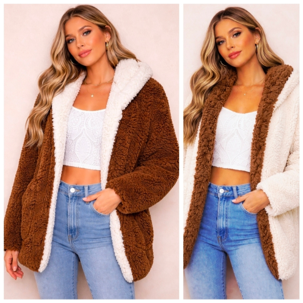 Casaco Teddy Dupla Face Com Capuz em Oferta na Shopee