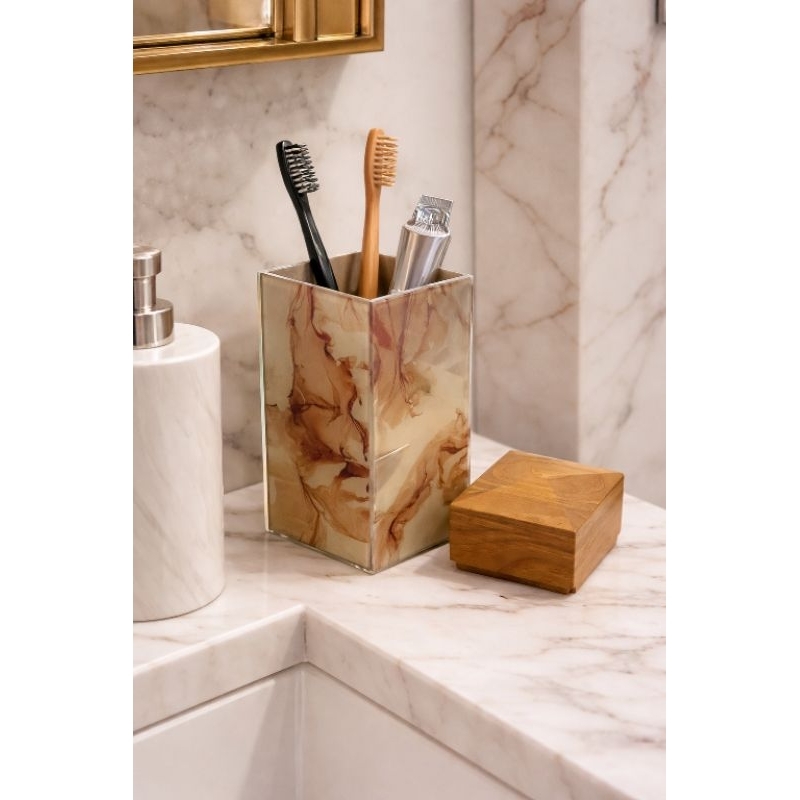 LAVABO Porta Escova Dentes Vidro Pintado efeito marmorizado com divisoria e tampa de madeira de alta em Oferta na Shopee