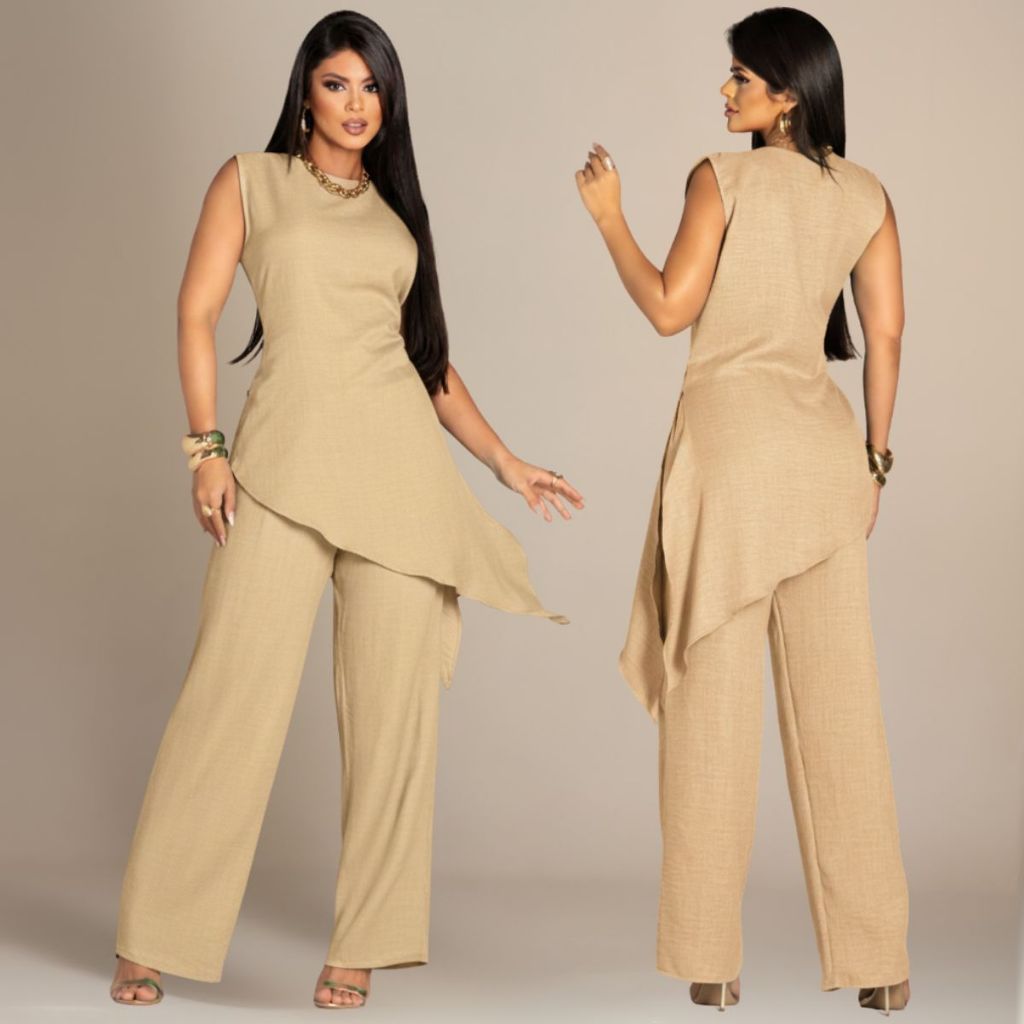 Conjunto Calça Pantalona Perna Larga Feminino Blusinha Blusa Assimétrica Elegante Alfaiataria Crepe Dunas em Oferta na Shopee