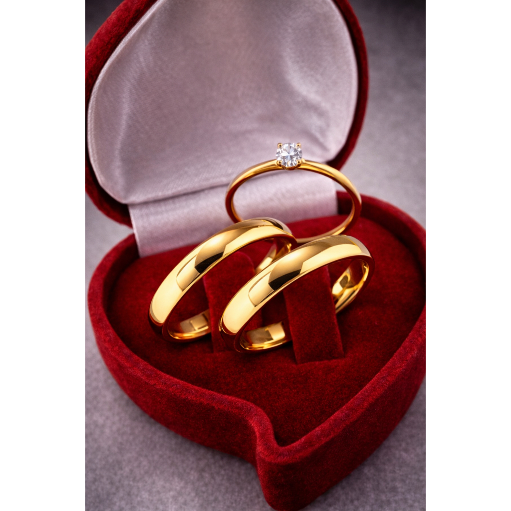 Par de Aliança de Casamento e Compromisso Fina 4mm Lisa Tradicional Banhada Premium + Anel Solitário de Noivado em Oferta na Shopee