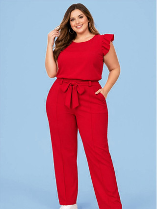 PLUS SIZE Conjunto Social PLUS SIZE Feminino Crepe Duna Calça Reta com bolso e Blusa Elegante
