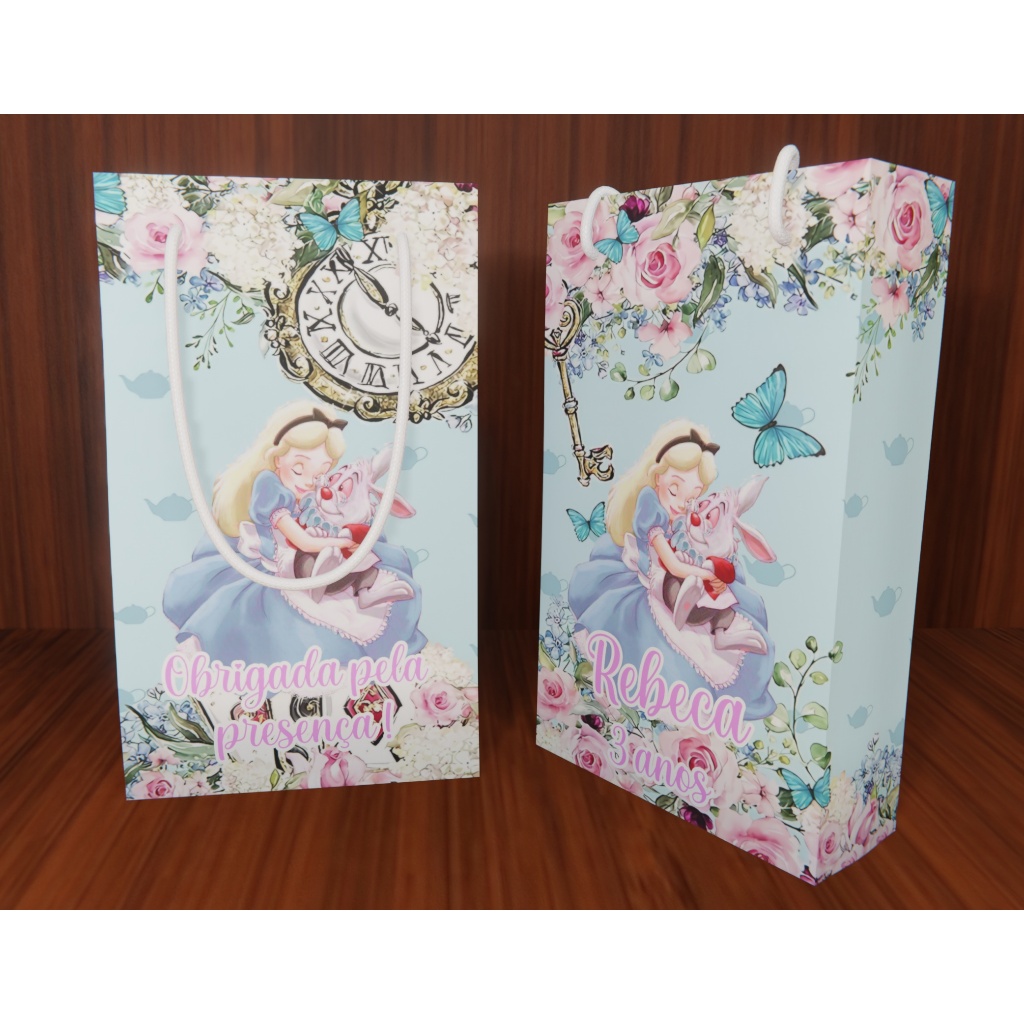 Kit Sacolinha Surpresa Personalizada Alice no pais das maravilhas - 17x10x4cm - Papel Offset Fosco 180g