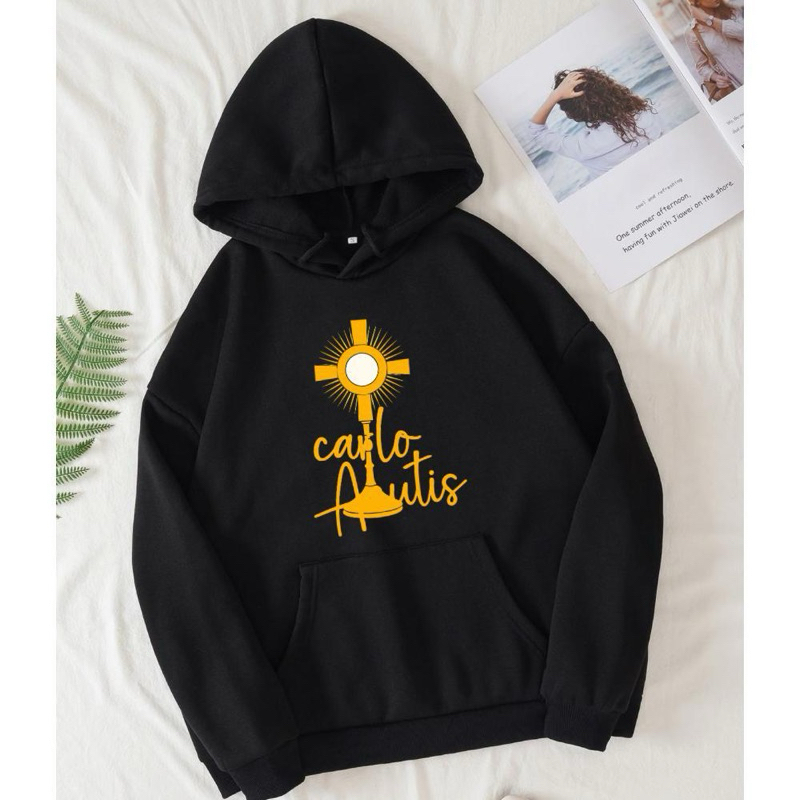 Detalhes do Moletom Preto Canguru Com Capuz Estampa Católica Carlo Acutis