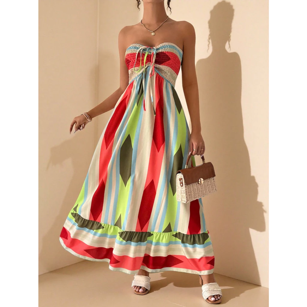Vestido Longo Casual de Uso Diário com Estampa Feminina, Sem Mangas, para Ano Novo, Roupa de Praia de Férias