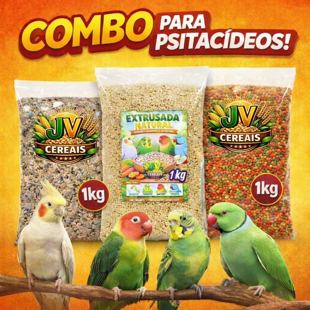 Kit SUPER MIX - 1 kg Extrusada Natural +1kg Extrusada MIX + 1 kg Mistura de Sementes para calopsitas