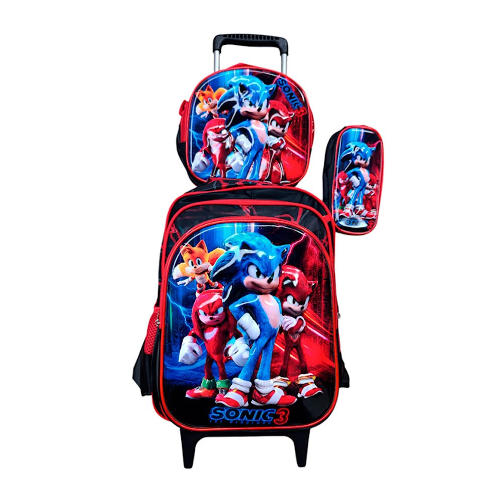 Kit Mochila do Sonic em 3D com Rodinhas + Lancheira Térmica + Estojo Escolar Infantil em Alto Relevo