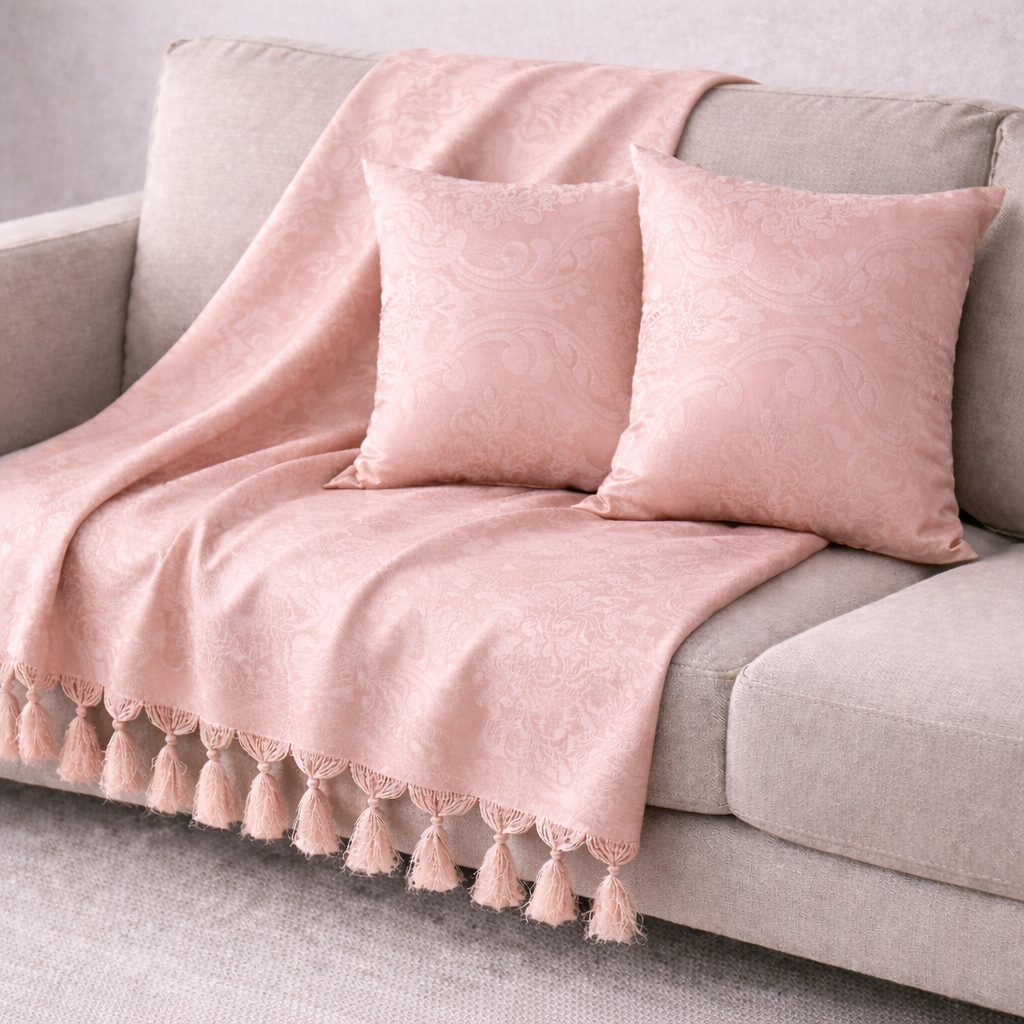 Xale Manta Sofá Jacquard Rose 1,80mx1,40m com 2 capas de almofada