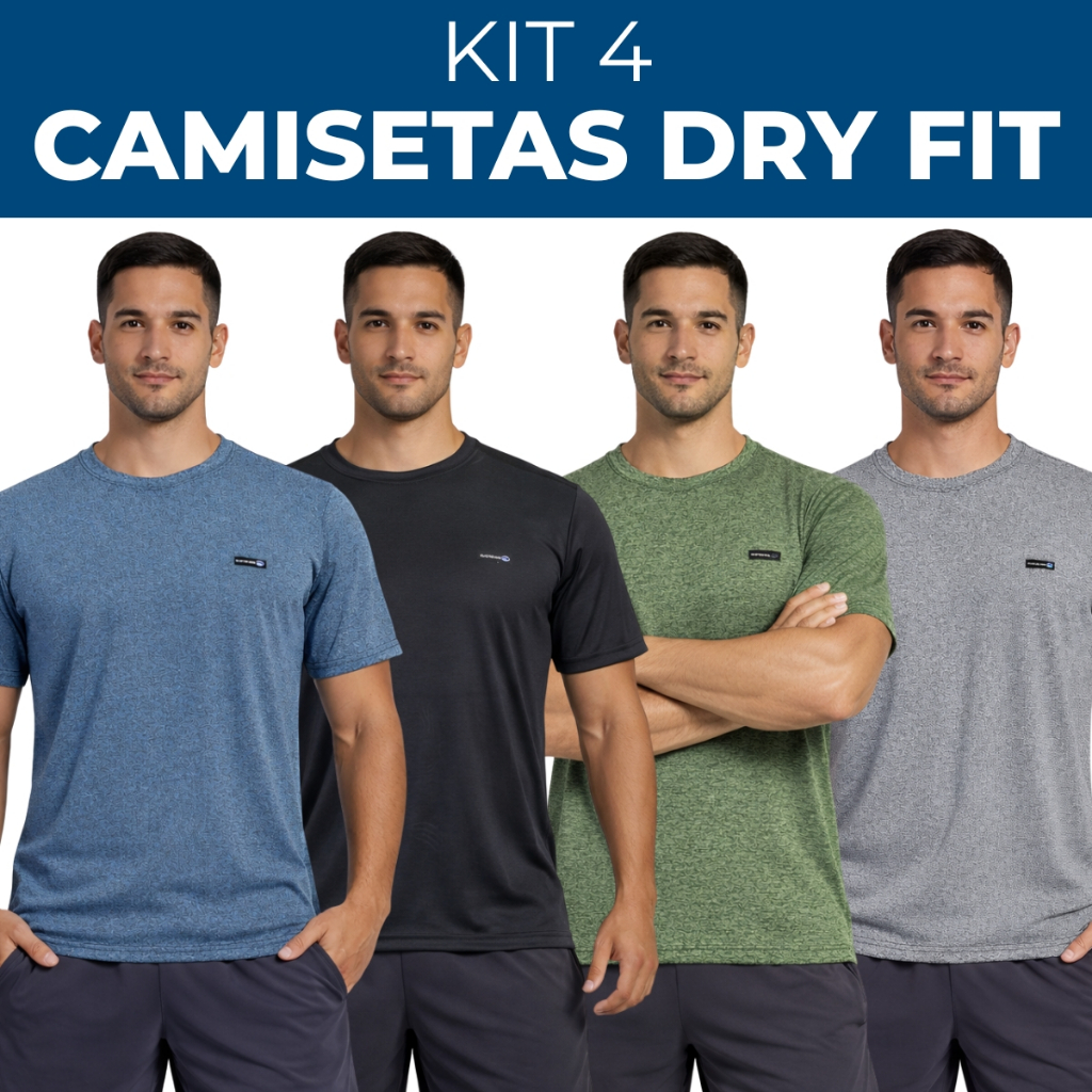 Kit 4 Camisetas Poliéster DryFit Masculino | Academia Tecido Leve Musculação e Treino
