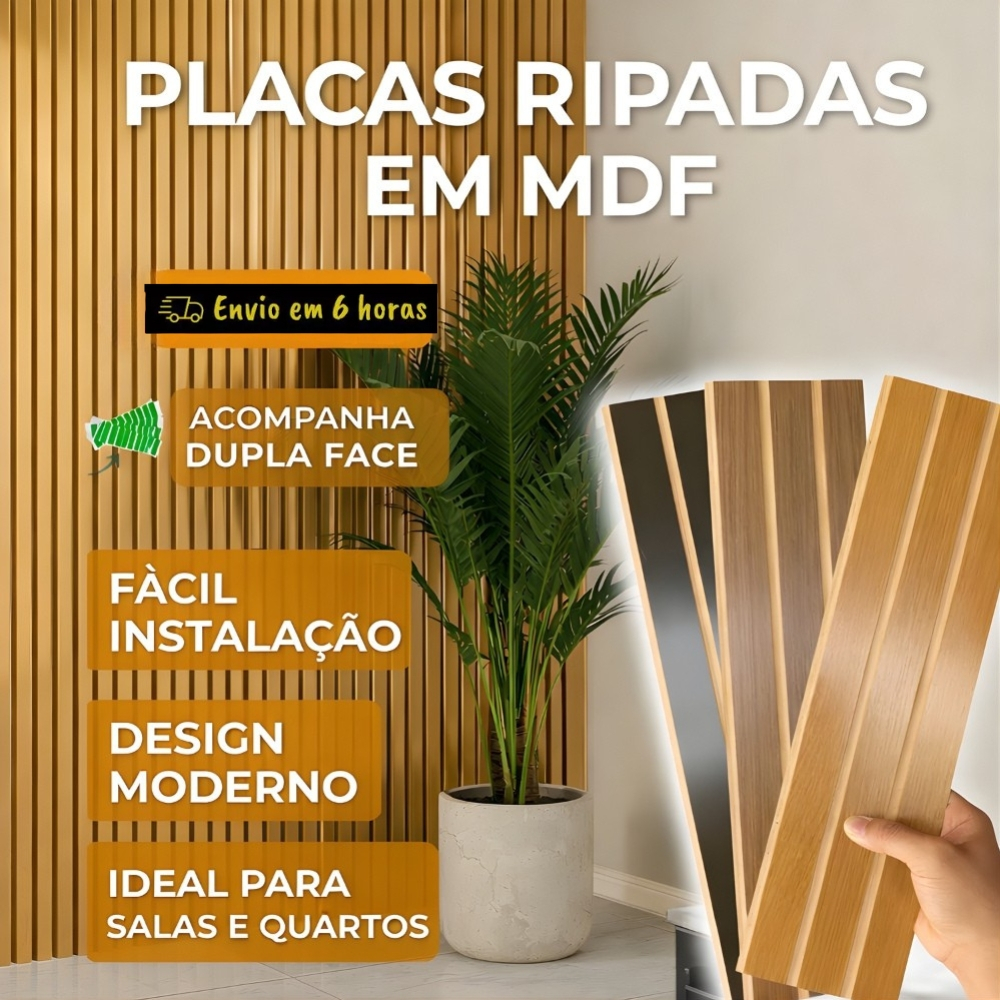 Kit Com Até 100 Placas Painel Ripado Autocolante Revestimento em MDF para Sala Cozinha e Balcão