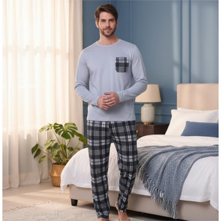 Pijamas De Frio Camisa E Calça De Malha Xadrez Masculino Manga Longa Promoção