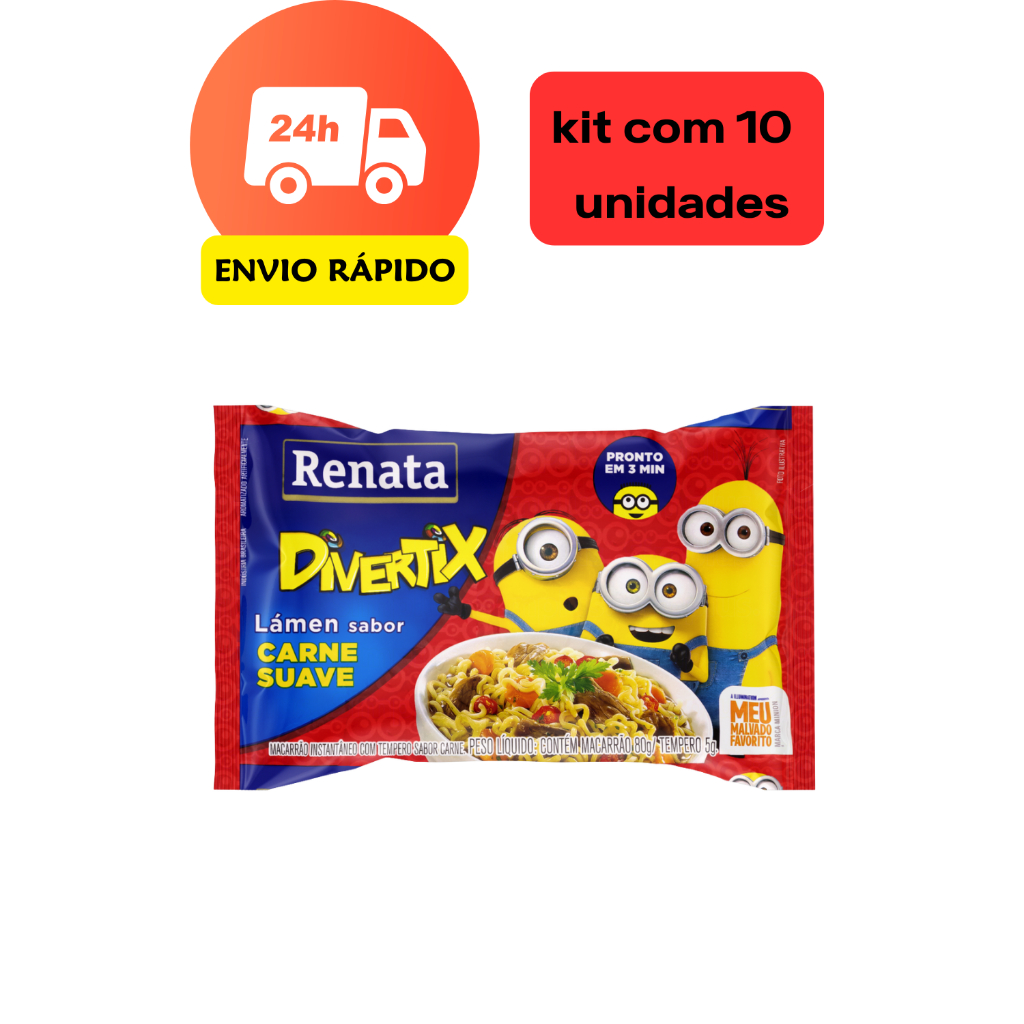 Macarrão Instantâneo Renata Minions Carne Suave 85g – Caixa com 10 Unidades miojo, lamen, lanche