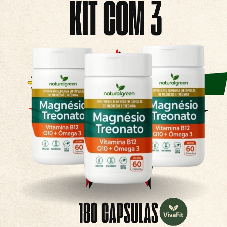 KIT COM 3 Magnésio Treonato Omega 3 vitamina b12 e Q10 Natural green 180 CAPS - SUPLEMENTO ALIMENTAR