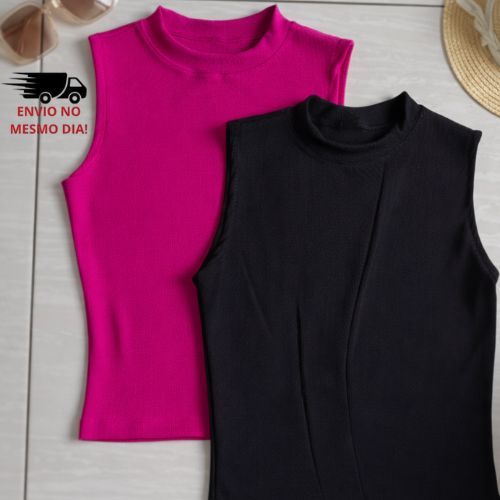 kit 2 Regata Feminina Gola Alta em Ribana Canelada | Justa, Confortável e Estilosa