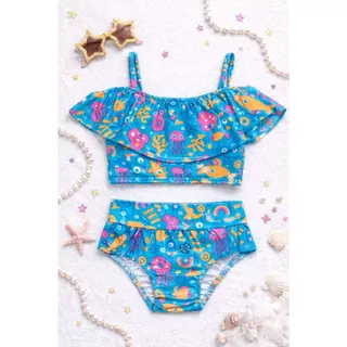 Biquíni Infantil Top de Alça com Babado e Calcinha Modelo Confort Estampas Vivas em Suplex M ao GG