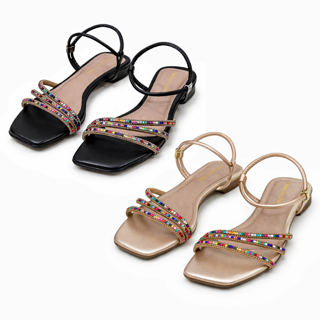 Kit 2 Pares Sandália Feminina Rasteirinha Strass Colorido Confortável Sandália Casual Dia a Dia Cobre Preto Nude