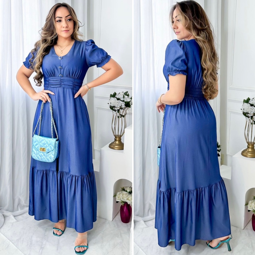 Vestido Longo Feminino Jeans Leve Manga Curta Evangélico Casual Elegante em Oferta na Shopee