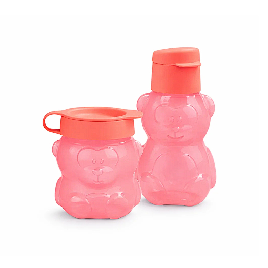 Kit Garrafa Tupperware Eco Kids 350ml + Tupper Pote Urso 300ml Rosa Coral