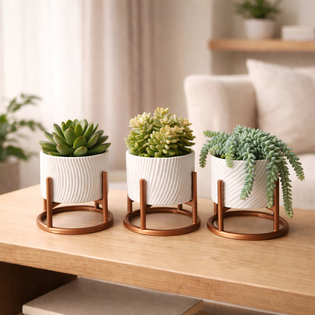 Trio de Vasos Cachepot com Suporte Para Cactos ou Suculentas