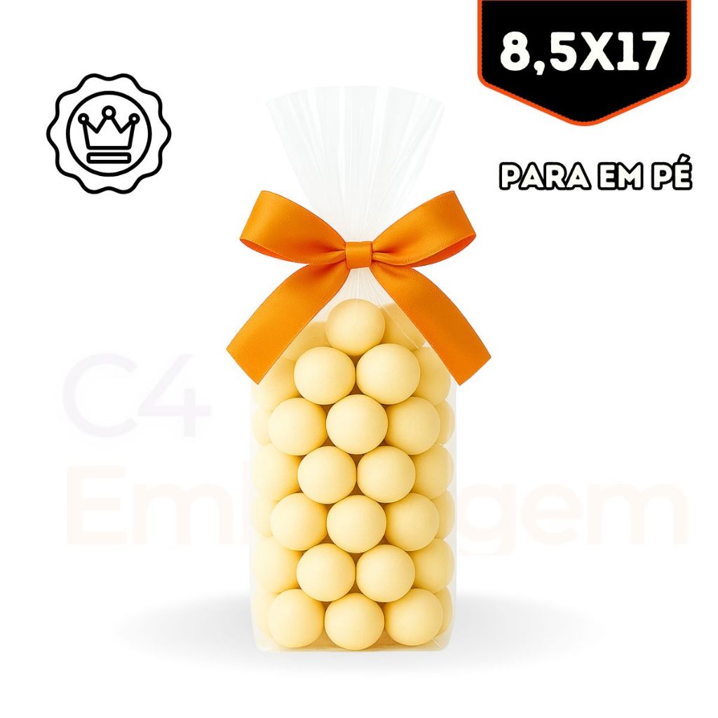 Saco Transparente Premium 8,5x17 – Fica em Pé –  Com 100 UN - Para Confeitaria, Doces, Pipoca Gourmet – C4 Embalagem