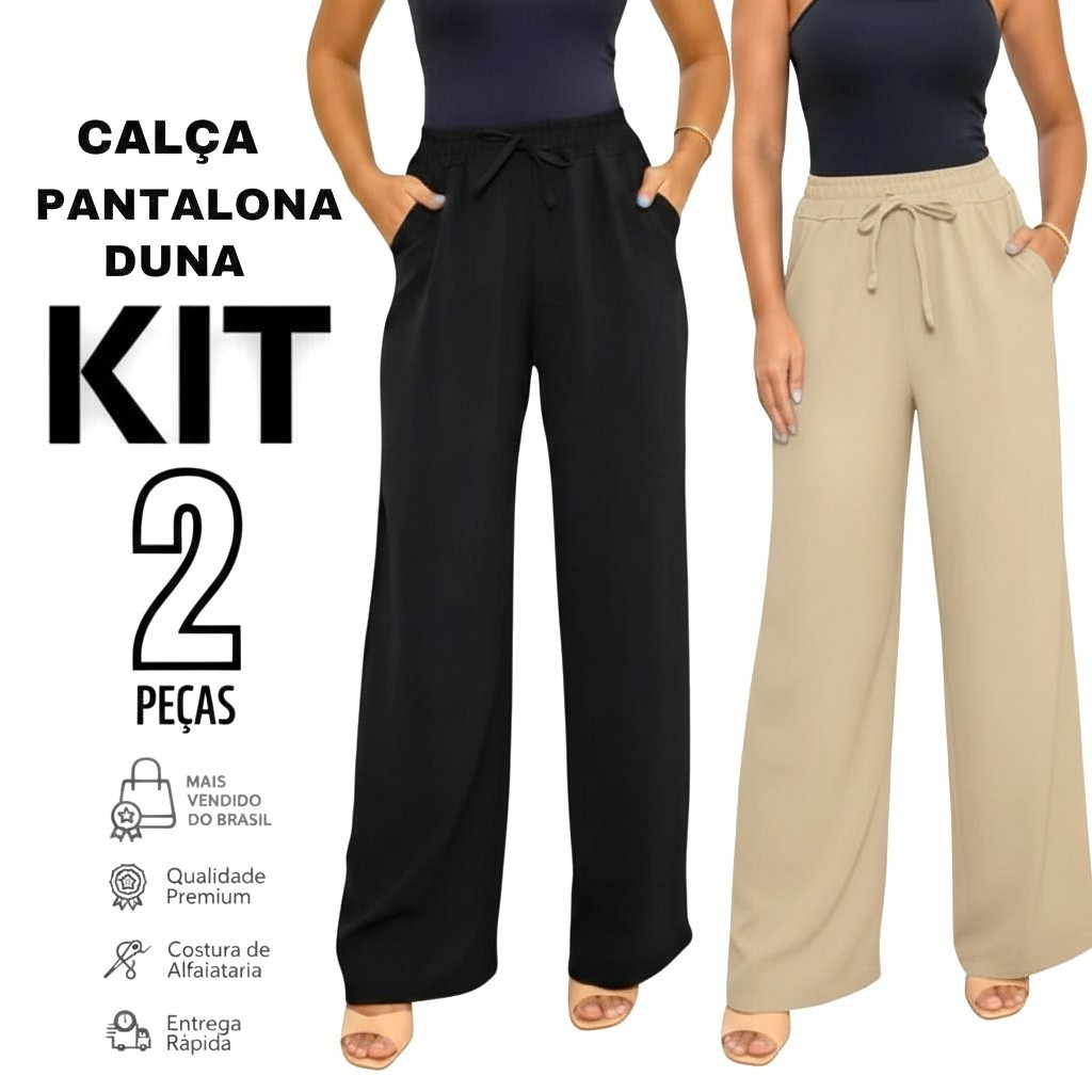 Kit 1 a 2 Calça Feminina Pantalona Duna Com Bolso Cintura Alta PROMOÇÃO em Oferta na Shopee
