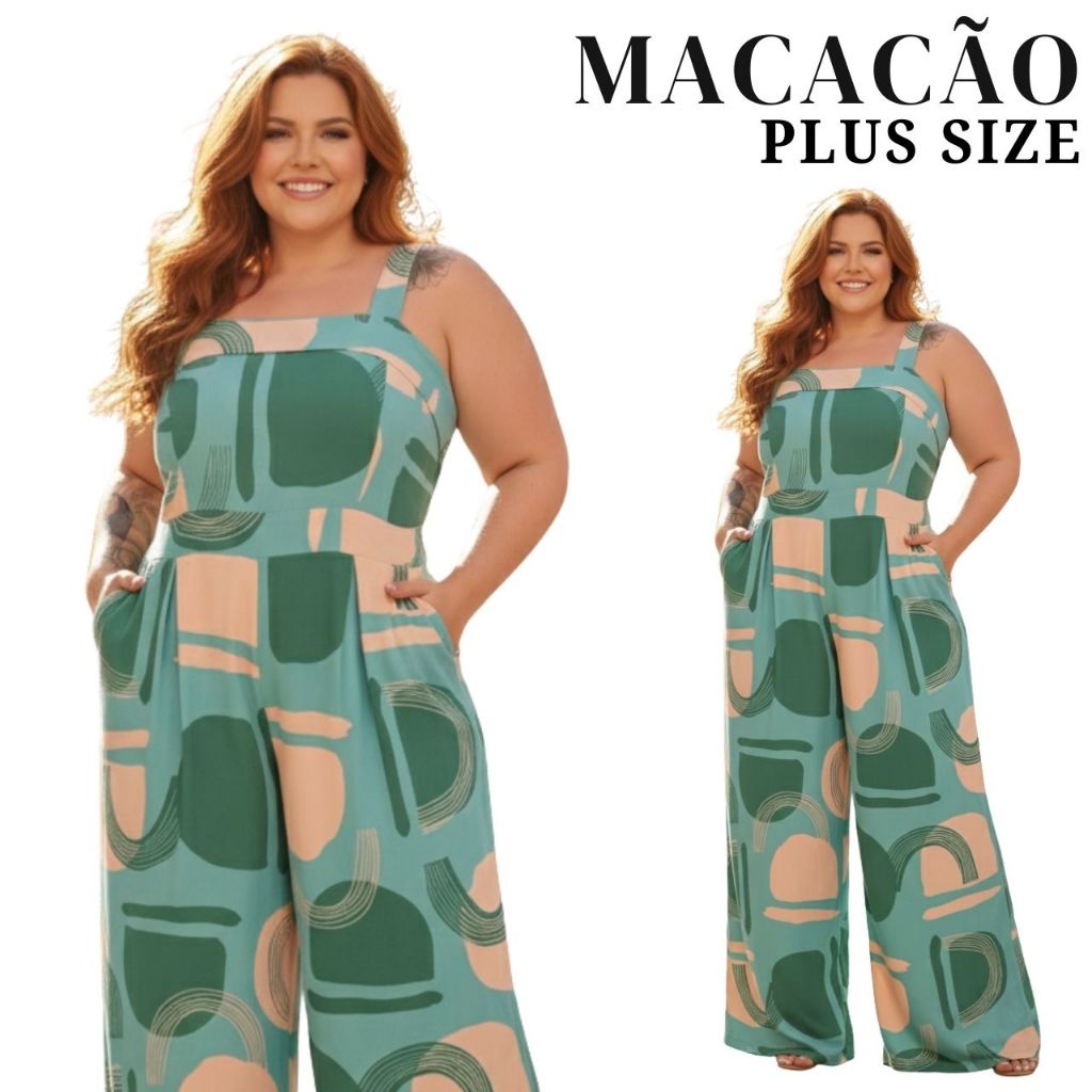 Macacão Pantalona Longo Plus Size Alça Com Decote Quadrado Elastex Bolso Funcional Tendência 48-52 Femenino Moda em Oferta na Shopee