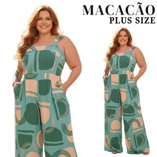 Macacão Pantalona Longo Plus Size Alça Com Decote Quadrado Elastex Bolso Funcional Tendência 48-52 Femenino Moda em Oferta na Shopee